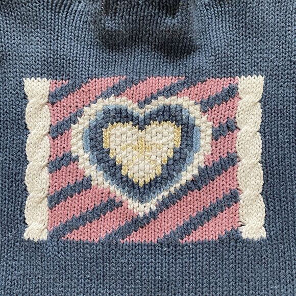 VINTAGE 90s Women M Blue Granny Core Heart Patchwork Heavy Knit Sweater Cottage - Picture 15 of 16